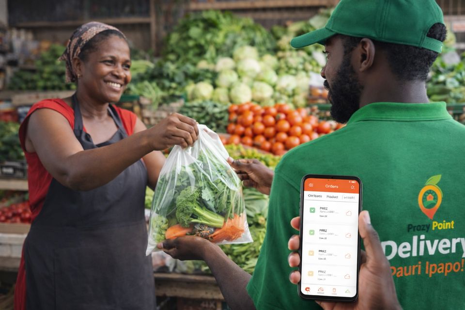 The Prazi Point shopping app showing a basket of groceries from a nearby shop