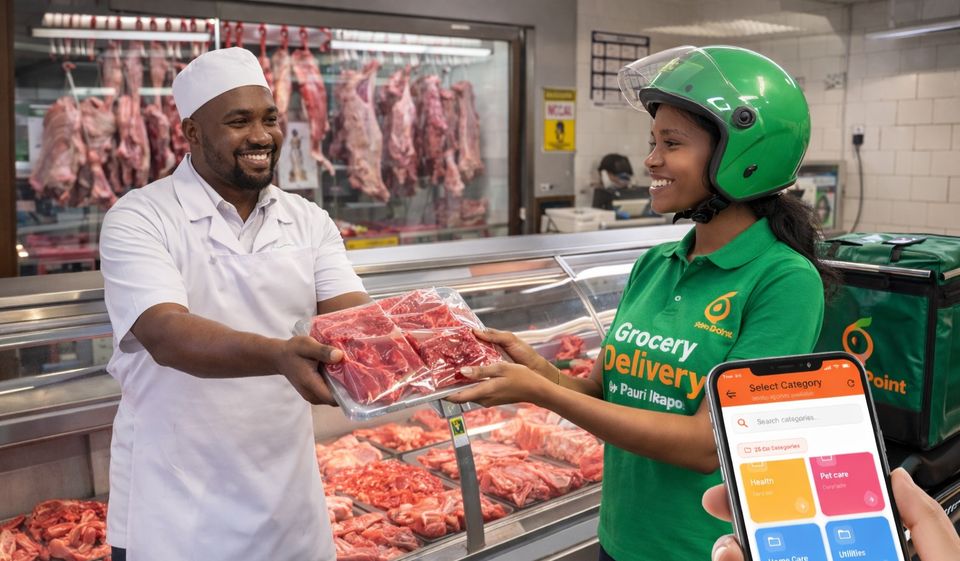 A customer receiving a Prazi Point grocery order at home