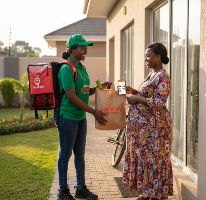 A Prazi Point rider handing a grocery order to a customer at their gate